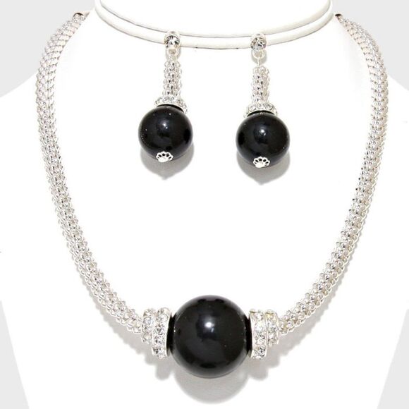 Pearl (faux) Black Drop Silver Necklace Set - Picture 1 of 6
